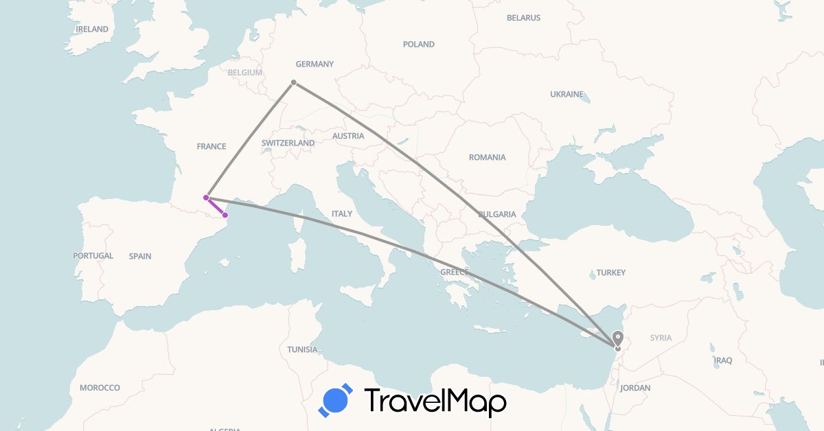 TravelMap itinerary: plane, train in Germany, France, Lebanon (Asia, Europe)